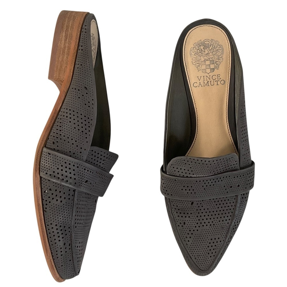 Vince Camuto Kaylana Perforated Leather Gray Loafer Mules Size 7.5